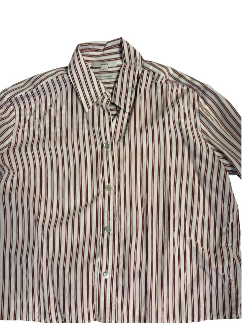 Vince White Shirt with Red Vertical Stripes